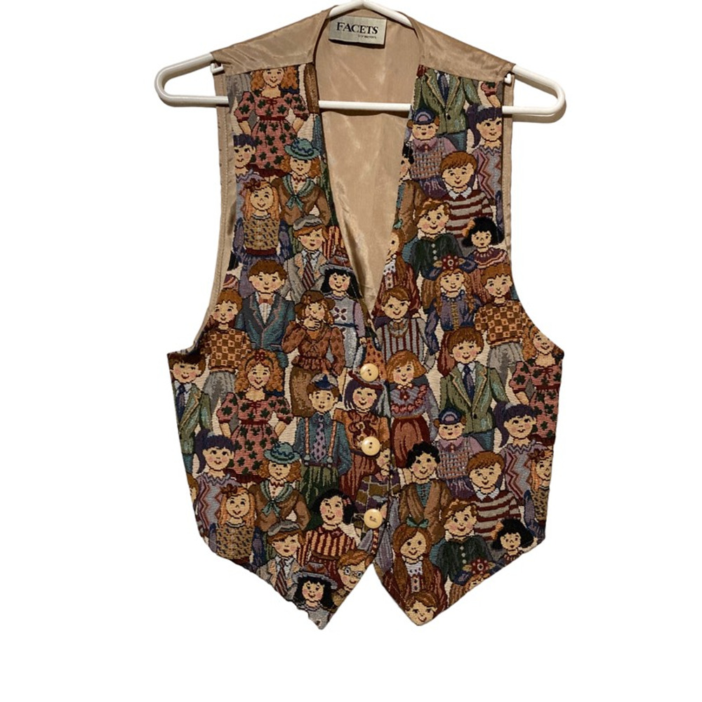 Facets Vest Women's S‎ Multicolor Novelty People Buttons Tapestry V Neck Lined